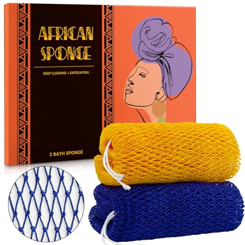 African Net Sponge Authentic - 2 Pieces African Exfoliating Net Bath Sponges for Shower Navy&Yellow - Body Scrubber Exfoliator Loofah Wash Cloth - Afro Back Scrub for Women Bathing Accessories