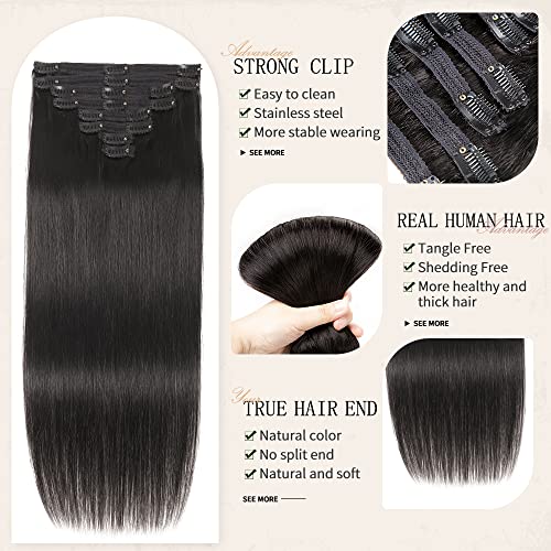 Amethyst Clip in Hair Extensions Real Human Hair for Black Women 120g 100% Unprocessed Brazilian Virgin Hair 20 Inch Natural Black Straight Remy Human Hair Extensions 8 Pcs Per Set with 18 Clips