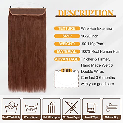Benehair Human Hair Extensions Thick Ends Invisible Wire Real Human Hair with 2 Fish Lines Thicker Hairpieces 20inch 110g Dark Auburn Hair Extensions Straight Thicker Hairpieces for Women #33
