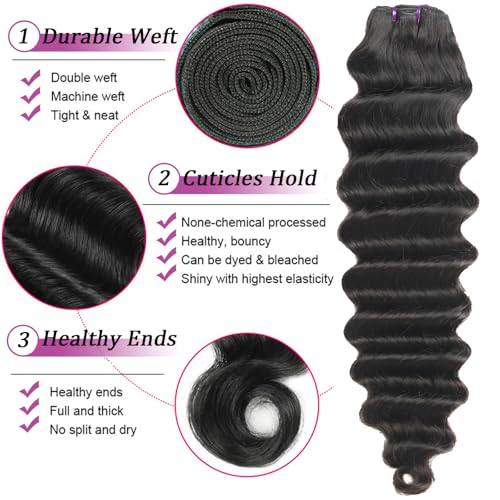 Human Hair Bundles with Closure Loose Deep Wave Bundles with Closure 20 22 24+18 Inch Long Brazilian Wavy Human Hair Extensions Natural Black Color for Women