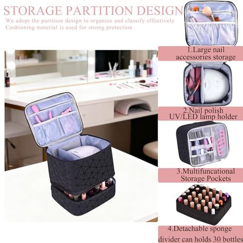 PU Leather Nail Polish Organizer, Double Layer Nail Polish Storage Holds 30 Bottles (15ml/0.5fl.oz) & Nail Lamp, Portable Nail Bag Organizer Case for Nail Tech Travel & Manicure Kit