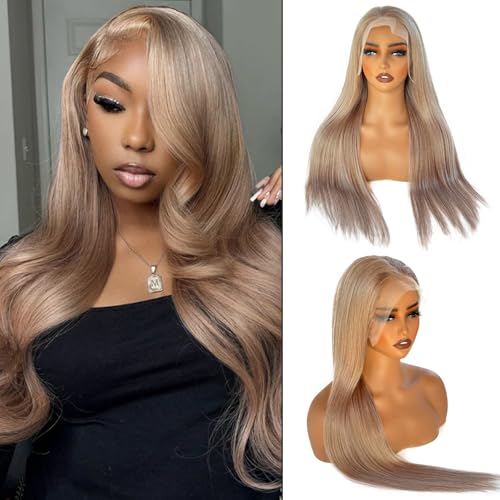 13x6#Ash Blonde Lace Front Wigs Human Hair Pre Plucked 180 Density HD Transparent Straight Lace Frontal Wigs Human Hair for Women,10A Glueless Wigs with Natural Hairline,Champagne Blonde
