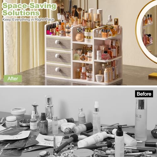 Large Makeup Organizer Countertop With Brush Holder Drawer For Vanity,Bamboo Bathroom Counter Organizers And Storage,Cosmetic Skincare Perfume Organizer,Easy To Store Nail Polish, Lipstick, Eyeshadow