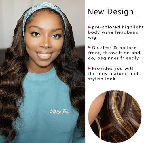 Ombre Headband Wig Human Hair #4/27 Highlight Body Wave Headband Wig 16 Inch Glueless None Lace Front Wig Brazilian Virgin Human Hair Wigs for Black Women Wear and Go Wig 150% Density