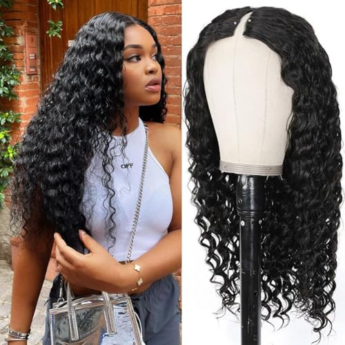 Zealady Deep Wave V Part Wig Human Hair Wigs for Women V Part Wig Deep Wave 12A Virgin Hair Deep Curly U Part Human Hair Wigs V Shape Wigs Glueless Wig No Sew in Full Head Clip In Half Wig 24 inch