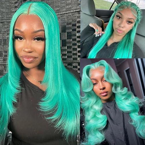 Turquoise Lace Front Wigs Human Hair 26 Inch Glueless Transparent 13x6 Lace Front Wigs Human Hair Pre Plucked Colored Aqua Blue Wig Human Hair 180% Density Teal Lace Frontal Wigs for Black Women