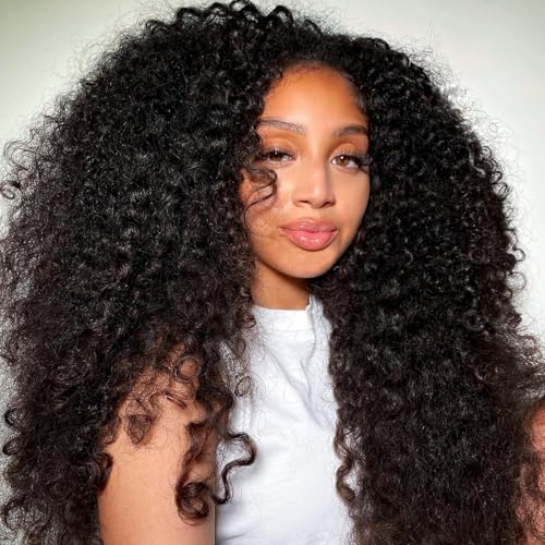 LESLY 24 Inch Kinky Curly Half Wig Human Hair 200 Dnsity 3 IN 1 Half Wig With Drawstring Seamless Clip Ins Flip Over Glueless Wigs Beginner Friendly Headband Wig For Women.