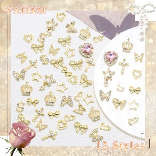 180PCS Gold Nail Charms: Cross Crystal Star, 3D Gold Butterfly, Sparkly Crown, Shiny Dollar Sign, Bling Cross Bowknot Starlight for Nail Art and DIY