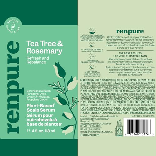 Renpure Tea Tree & Rosemary Scalp Serum, Plant-Based - Refreshing & Rebalancing - For Moisturized, Soft Hair - For Oily/Normal Hair- Tea Tree Leaf Oil, Rosemary Leaf Extract - 4 Fl Oz