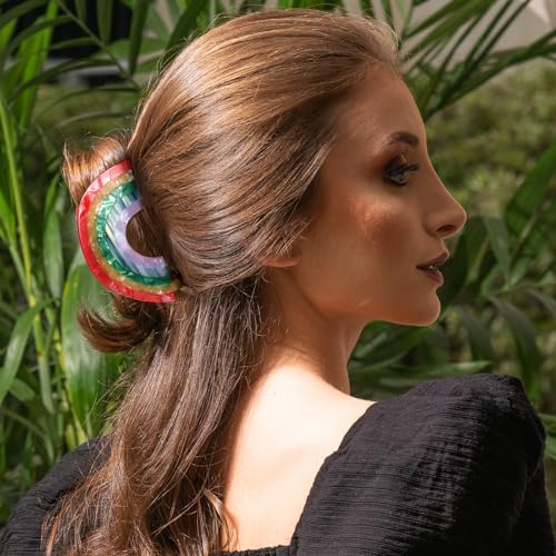 Big Rainbow Hair Claw Clip Non Slip 3.5inch Acrylic Acetate 90's Strong Hold Jaw Barrettes Cute for Women Girls Thin Thick Hair Accessory Rainbow Pride Parade Valentine¡¯s Gifts