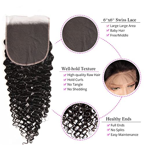 Brazilian Kinky Curly 6x6 Lace Closure 100% Unprocessed Human Virgin Hair Pre Plucked Jerry Curly Pre-Plucked Hairline Deep Curly Closure Natural Black With Baby Hair (22inch, curly 6x6 closure)