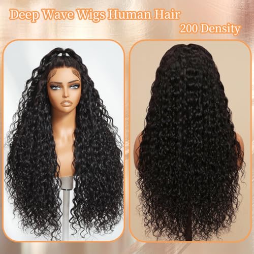 13x6 Deep Wave Lace Front Wigs Human Hair 200 Density 28 Inch Curly Wig 13x6 HD Lace Front Wigs Human Hair Glueless Wigs Human Hair Pre Plucked for Black Women Natural Color