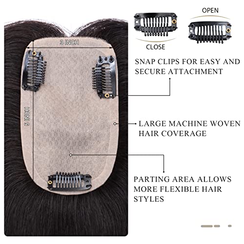 Hairro Human Hair Toppers for Women, Clip in Real Hairpieces, 130% Density 3"x5" Silk Base with Free Parting, for Covering Greyish Thinning Hair Loss/Adding Volume, 10 Inch Medium Brown