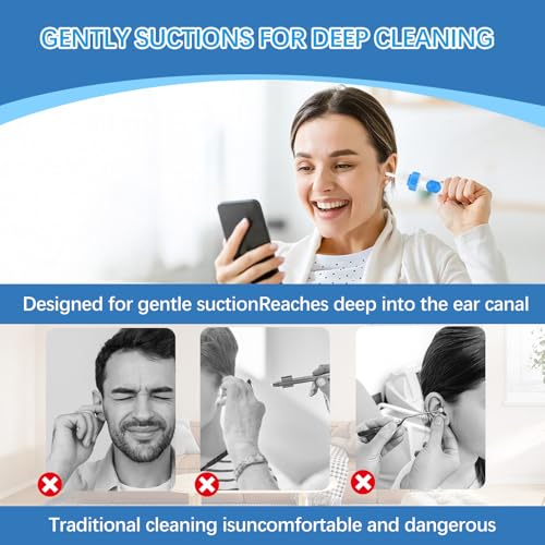 Ear Vacuum Ear Wax Removal Kit, Electric Ear Wax Vacuum with Strong Suction, Soft Silicone Tips, Ear Vacuum Wax Remover Tool with 2 Replacement Heads for Family Use ? Himmelblau
