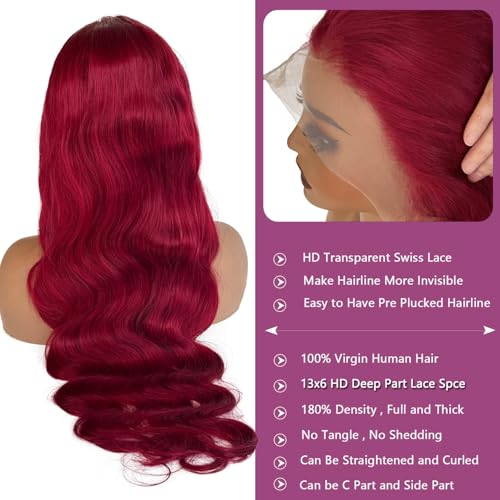 Ubetta 99j Burgundy Lace Front Wigs Human Hair, Body Wave 13x6 Lace Front Wigs Human Hair, 32 Inch Glueless Wigs Human Hair Pre Plucked 180% Denstiy Red Burgundy Lace Frontal Wigs for Black Women