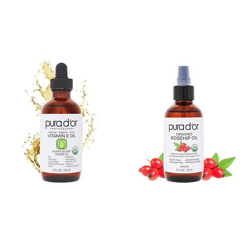 PURA D'OR 4 Oz Vitamin E Oil Blend 70,000 IU & Rosehip Seed Oil Hair Relaxer 100% Pure Cold Pressed USDA Certified All Natural Moisturizer For Anti-Aging, Acne Scar Treatment, Gua Sha Massage