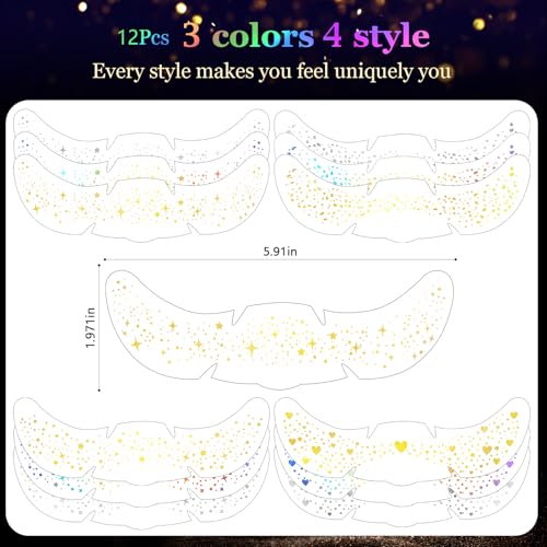 HyperFun 12Pcs Face Glitter Freckles, Face Glitter Fake Freckles Sticker, Gold Sliver Holographic Multichrome Waterproof Sparkle Freckles Makeup Patches for Women Rave Festival Accessories Party Prom