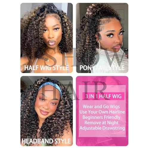 V SHOW Wear Go Glueless Half Wig Human Hair 1B/30 Highlight Water Wave Bod Wigs 3 In 1 Curly Half Wigs 180% Density Drawstring Seamless Fit Strap Flip Over Headband Wig 14 Inch Beginner Friendly