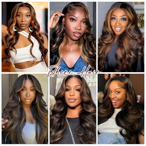 Ombre Lace Front Wig Human Hair 1B/30 Highlight Body Wave Lace Front Wigs Human Hair Colored 13x4 Brown Wig 180% Density Balayage Glueless HD Lace Frontal Wigs for Women 26 Inch