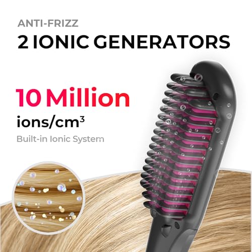 TYMO Ionic Hair Straightener Brush - One-Step Hair Straightener for Women, Straightening Brush with Negative Ions, 16 Temp Settings, LCD Display, Dual Voltage, Hot Comb Flat Iron for Frizz-Free Styles