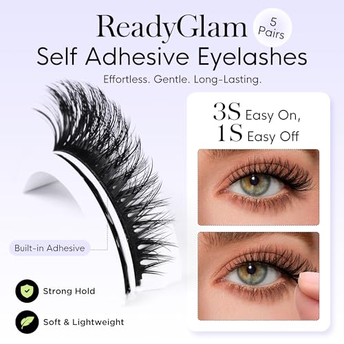 BEYELIAN Self Adhesive Eyelashes Natural Pre-glued Lashes No Glue Needed Lashes Cat Eye Lashes False Eyelashes Reusable Self Adhesive Lashes 5 Pairs (HX55)