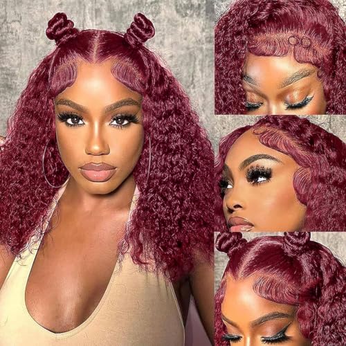 Burgundy Wig Human Hair 13x4 Deep Wave Lace Front Wigs Human Hair Pre Plucked 250% Density 99j Burgundy Lace Frontal Wigs Wet and Wavy Curly Wig for Women (18 Inch)