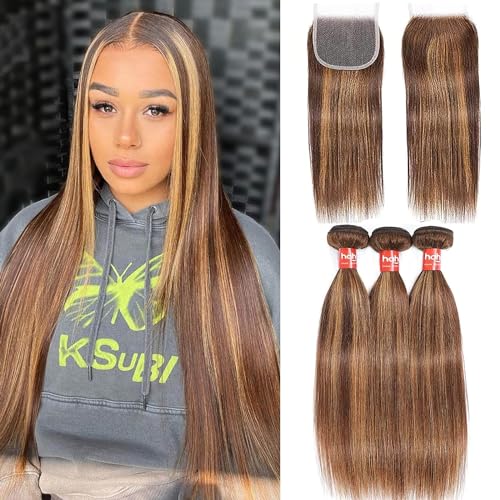 Haha P4/27 Honey Blonde Highlight Human Hair Bundles With Lace Closure 4x4 Brown Blonde Ombre Straight Bundles With Closure Colored Brazilian Raw Human Hair Weave Sew In Extensions 18 20 22+16 Inch