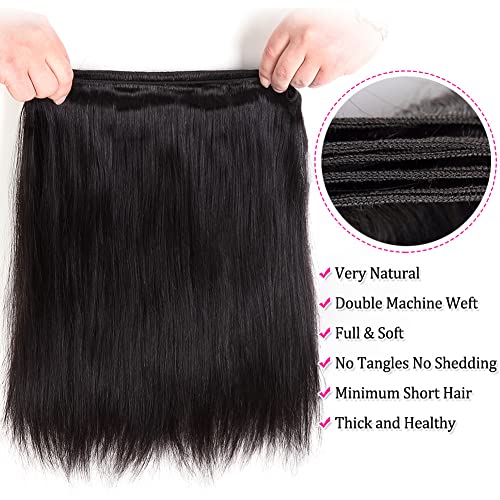 Subella Brazilian Straight Hair 3 Bundles with Closure Grade 10A Unprocessed Brazilian Virgin Human Hair Bundles with Closure Natural Black Color (22 24 26+20inch)