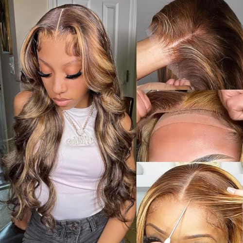 28 Inch Wear and Go Glueless Wigs Human Hair Pre Plucked Pre Cut 5x5 HD Lace Closure Wigs Human Hair Body Wave Wig P4/27 Honey Blonde Ombre Highlight Lace Front Wig 180% Density