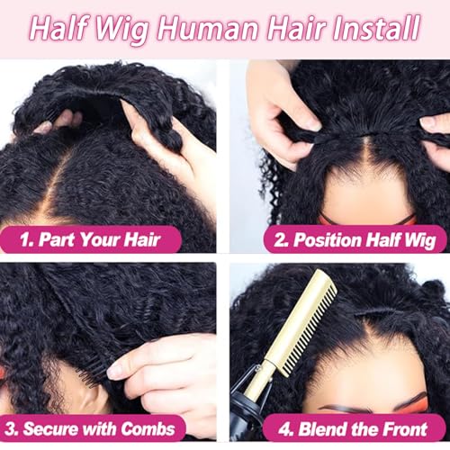 SENSAIRUITE Deep Wave Half Wig Human Hair Curly Half Wigs for Women - Upgrade Drawstring 3 in 1 Seamless Flip Over Glueless Wig 20-inch Natural Black
