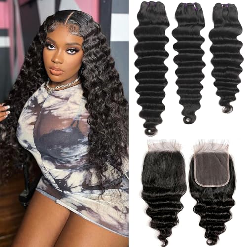 Human Hair Bundles with Closure Loose Deep Wave Bundles with Closure 20 22 24+18 Inch Long Brazilian Wavy Human Hair Extensions Natural Black Color for Women