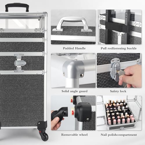 4 in 1 Rolling Makeup Train Case Professional Cosmetic Trolley Cart Travel Nail Cart Organizer with Wheels Transparent Acrylic Panel for Makeup Hair Stylists Nail Tech (Black Crystal)