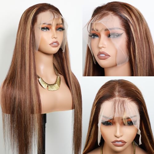 VIPbeauty 30 inch 4/27 Honey Blonde Lace Front Wig Human Hair 13x4 HD Transparent Lace Front Wigs Highlight Ombre Lace Front Wig Straight Lace Front Wigs 180% Density Pre Plucked with Baby Hair