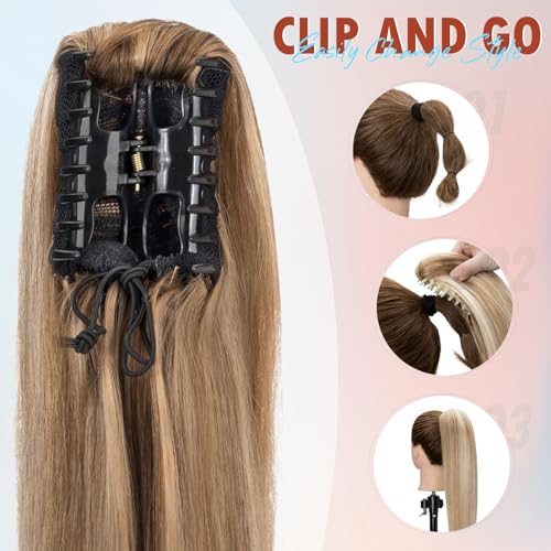 Hairro Claw Clip Ponytail Human Hair Extensions Jaw On Ponytails Remy Long Straight Jaw/Claw Clips Pony Tail Hairpieces For Women 20 Inch 120g #4P27 Medium Brown Mix Dark Blonde