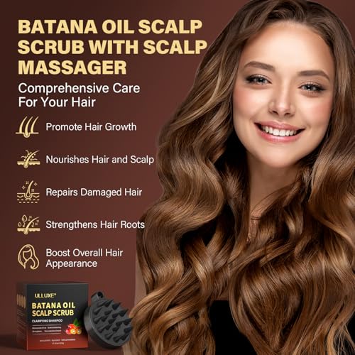 Scalp Scrub, 2-in-1 Scalp Exfoliator Clarifying Shampoo for Dandruff, Dry & Itchy Scalp Care, Batana Oil & Rosemary Scrub Scalp Treatment with Scalp Massager Promotes Hair Growth, 10.93 oz