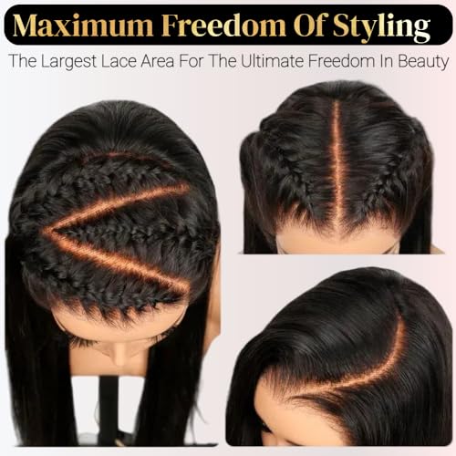 Miss Flower 13x6 Glueless Full Frontal Pull Go Wigs With Drawstring 250 Density Hidden Strap Snug Fit Ultra-thin Invisible Lace Wig Pre Plucked Pre Cut Lace 26Inch Straight Wigs Human Hair For Women