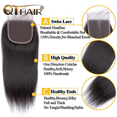 QTHAIR 16A Brazilian Virgin Straight Human Hair with Lace Closure (14/16/18+12 Inch, Natural Black) 100% Unprocessed Straight Brazilian Virgin Hair Weave with 4x4 Swiss Lace Closure