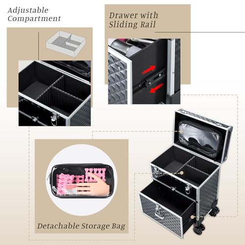 Adazzo Professional Rolling Makeup Case with Drawer for Makeup Artists Cosmetic Train Case Large Storage Case for Nail Technicians Cosmetology Case with Detachable Bag for Hairstylist Black
