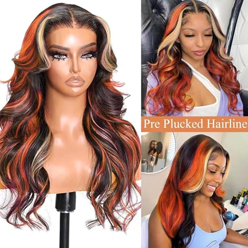 Ginger Blonde Highlight Wig Human Hair Multi Colored Ombre Lace Front Wigs Orange and Honey Blonde Skunk Stripe Human Hair Wig Body Wave Hd Lace Frontal Wig 13x4 Pre Plucked 180% Density 24 In