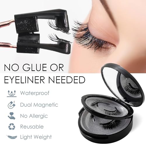 Magnetic Eyelashes, Dual Magnetic False Eyelashes without Eyeliner, Reusable Fake Eyelashes with Applicator No Glue, Natural Look