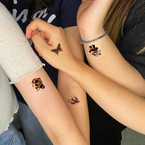 76 Pcs Retro Temporary Tattoos Classic Old School Colorful Tattoos Stickers Flowers Snake Adult Men Women Body Art
