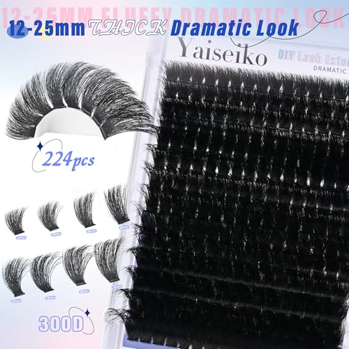 300D Lash Clusters Extensions Mega Cluster Eyelash Lashes 224 Pcs Thick Volume D Curl Wispy Individual Lashes DIY Lash Extension 12-25MM False Eyelashes Makeup at Home Replacement for Yaiseiko