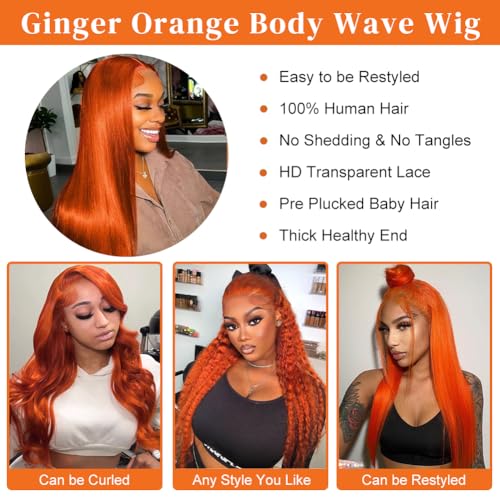 32 Inch Ginger Orange Wig Human Hair 13X6 Lace Front Wigs Human Hair 200% Density 350 Colored Straight HD Transparent Lace Frontal Wigs Brazilian Virgin Wigs for Women Pre Plucked