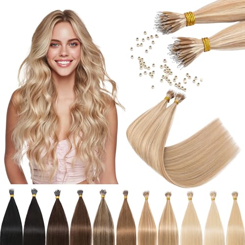 SEGO Nano Tip Hair Extensions Human Hair, Nano Beads Balayage Seamless Highlight Pre-bonded Extensions for Women, 0.7g/strand, 50 strands 35g/pack -20 Inch#18RP613R Ash Blonde&Bleach Blonde