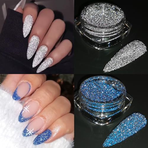 Reflective Glitter Powder Set, 8 Colors Sparkle Diamond Nail Glitter Dust, Silver Pink Purple Green Loose Glitter for Nails, Shiny Sugar Nail Powder Dipping Pigment, Nail Supplies