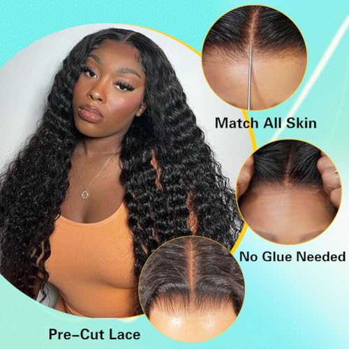 Wear and Go Glueless Wigs Human Hair Pre Cut HD Lace 7x5 Deep Wave Lace Front Wigs Human Hair Pre Plucked 200% Density Glueless Drawstring Wig for Beginners 20 Inch Natural Color Pre Everything