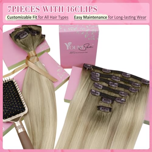 YoungSee Blonde Hair Extensions Clip ins Ombre Ash Blonde Mix Platinum Blond Clip in Hair Extensions Real Human Hair Balayage Clip in Hair Extension Human Hair for Natural Look 7pcs 120g 20inch