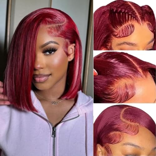 LICHANG 99J Burgundy Bob Wigs Human Hair 13x4 lace Front Wigs Human Hair 200% Density Short Straight Frontal Bob Wigs For Women Human Hair Pre Plucked with Baby Hair Natural Hairline Wine Red 10 Inch