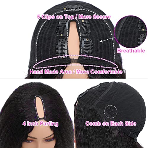 V Part Wig Human Hair Wigs for Black Women Kinky Straight V Part Wig 12A Virgin Hair Half Wigs for Women No Lace Upgrade U Part Human Hair Wigs Full Head Clip in Half Wig V Shape Wigs (24 inch)