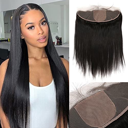 One Donor Top Grade 13x4 Silk Base Lace Frontal Closure Human Hair with Baby Hair Straight Brazilian Virgin Hair Closure Free Part Natural Color Bleached Knots 14 inch